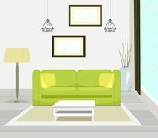 Interior of modern living room with sofa furniture, table, floor lamp, large window, wall painting, vector illustration in flat style.