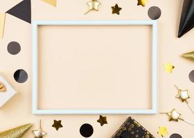 Flat lay birthday decorations with frame photo