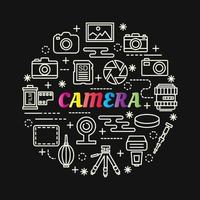 camera colorful gradient lettering with icons set vector