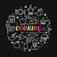 cooking colorful gradient lettering with icons set vector