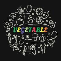 vegetable colorful gradient lettering with icons set vector