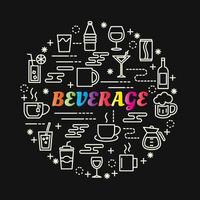 Letras de colores degradados de bebidas con iconos de línea vector