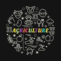 Letras de degradado colorido de agricultura con iconos de línea vector