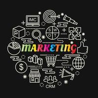 marketing letras gradiente de colores con iconos de línea vector