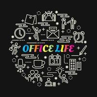 office life colorful gradient lettering with line icons vector