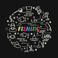 letras de colores degradados de pesca con iconos de línea vector