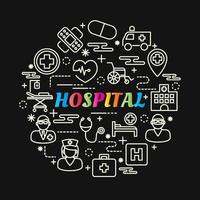 hospital letras gradiente de colores con iconos de línea vector