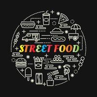 street food colorful gradient lettering with line icons vector