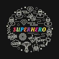 superhéroe colorido degradado letras con iconos de línea vector