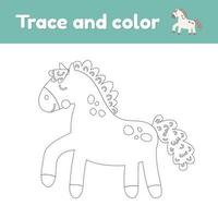 Coloring book with cute farm animal a horse. For kids kindergarten, preschool and school age. Trace worksheet. Development of fine motor skills and handwriting. vector