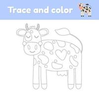 Coloring book with cute farm animal a cow. For kids kindergarten, preschool and school age. Trace worksheet. Development of fine motor skills and handwriting. vector