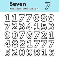 Educational worksheet for kids kindergarten, preschool and school age. Numbers. Find and color. vector