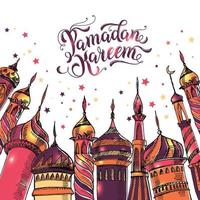 Ilustración de saludo de Ramadán con silueta de mezquitas