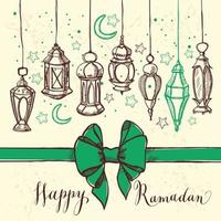 Ramadan Kareem illustration with lantern and bow. Hand drawn style. vector