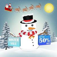 muñeco de nieve con bolsa de papel de compras de venta de invierno vector