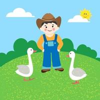 Farmer with geese. Vector illustration in cartoon style. Rural landscape