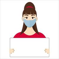 Beautiful girl with face mask and a blank sign vector