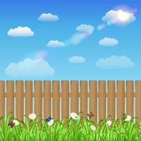 Wood fence with grass flower and sky background vector