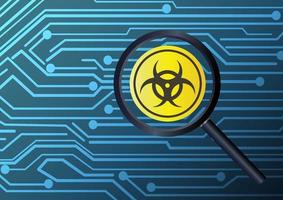 Magnifier finding virus infected with circuit board background vector