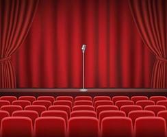 Rows of red cinema or theater seats in front of show stage with retro microphone vector