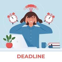 Deadline concept. Anxious business woman at the computer with alarm clock. Vector illustration in cartoon flat style