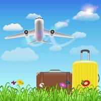 Bolsa de viaje sobre césped y flores con avión en el cielo vector
