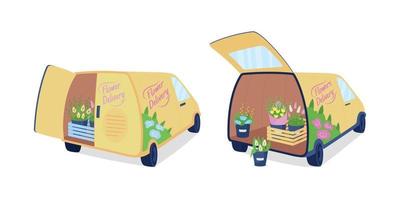 Flower delivery vans flat color vector object set