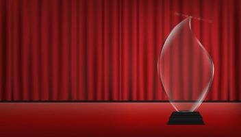 real 3d transparent acrylic trophy with red curtain stage background vector