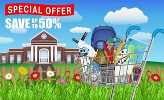 back to school with cart full of education objects vector