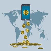 concepto de bitcoin de negocios. gota de bitcoin dorado desde la pantalla del teléfono en el mapa de fondo ilustrador vectorial mundial. vector