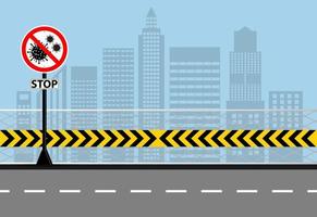 Stop warning sign coronavirus covid 19 on city background vector