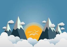 Birds fly to the sun and beautiful mountains with beautiful clouds.paper art vector