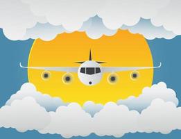 Avión con nubes y sol sobre fondo azul ilustración de vector de arte de papel.