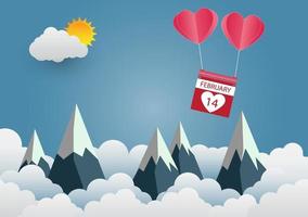 Globo del día de San Valentín en forma de corazón flotando en el cielo y las montañas hermosas nube art.paper ilustración vectorial vector