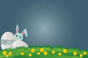 Postcard to easter happy day,Rabbit with eggs, beautiful grass background vector