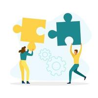 Man and woman with puzzle pieces working together vector