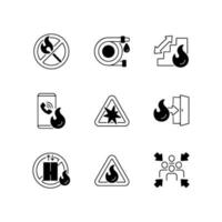 Fire safety guidelines black linear icons set vector