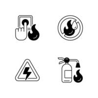 Fire hazards instructions black linear icons set vector