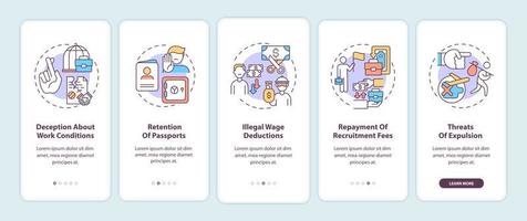 Migrant workers rights violations, abuse onboarding mobile app page screen with concepts vector