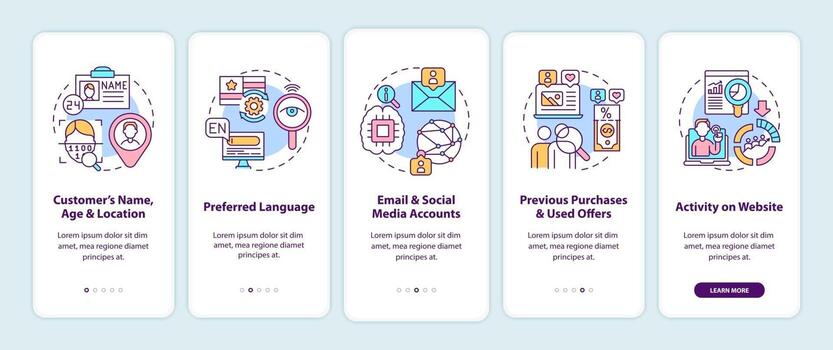 Smart content analytics components, criteria onboarding mobile app page screen with concepts vector