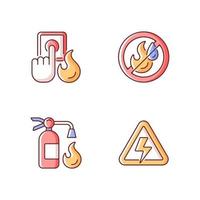 Fire hazards instructions RGB color icons set vector