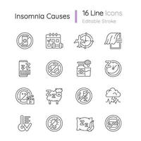 Insomnia causes linear icons set vector