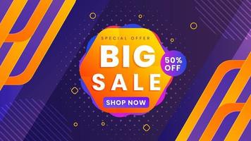 Big sale banner special offer with discount. Modern background with orange and purple color. Vector illustration.