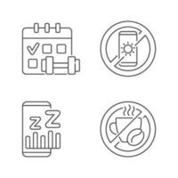 Recommendations to prevent insomnia linear icons set vector