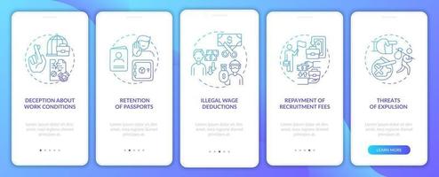 Migrant workers rights violation, abuse navy onboarding mobile app page screen with concepts vector