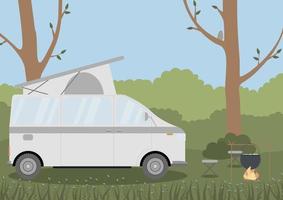 Caravan in a forest. Local summer vacation. Concept vector illustration. Perfect for internet publications, landing pages or printing.