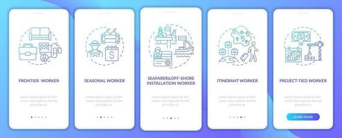 Migrant workers types navy onboarding mobile app page screen with concepts vector
