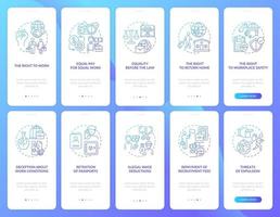 Migrant workers rights navy onboarding mobile app page screen with concepts set vector