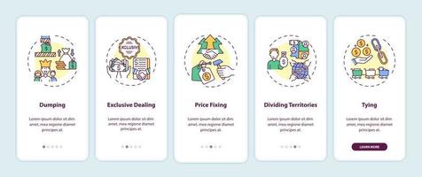 Anti-competitive practices types onboarding mobile app page screen with concepts vector
