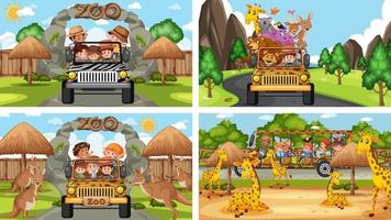 Four different zoo scenes with kids and animals vector